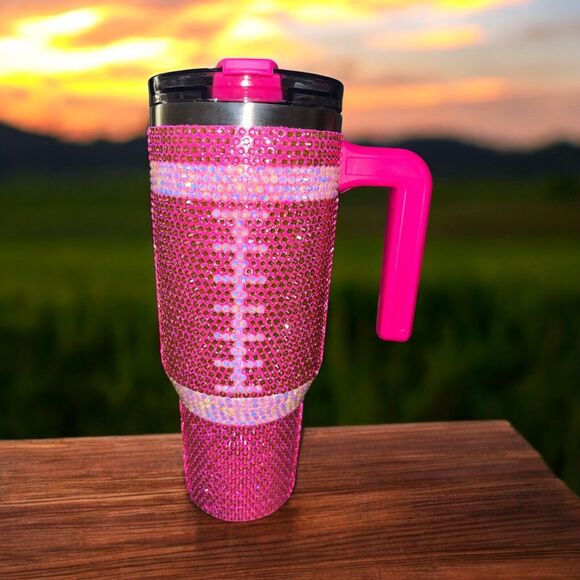 "Hot PINK" Football BLING RHINESTONE tumbler cup lid & handle 40 ounce oz - Picture 1 of 8